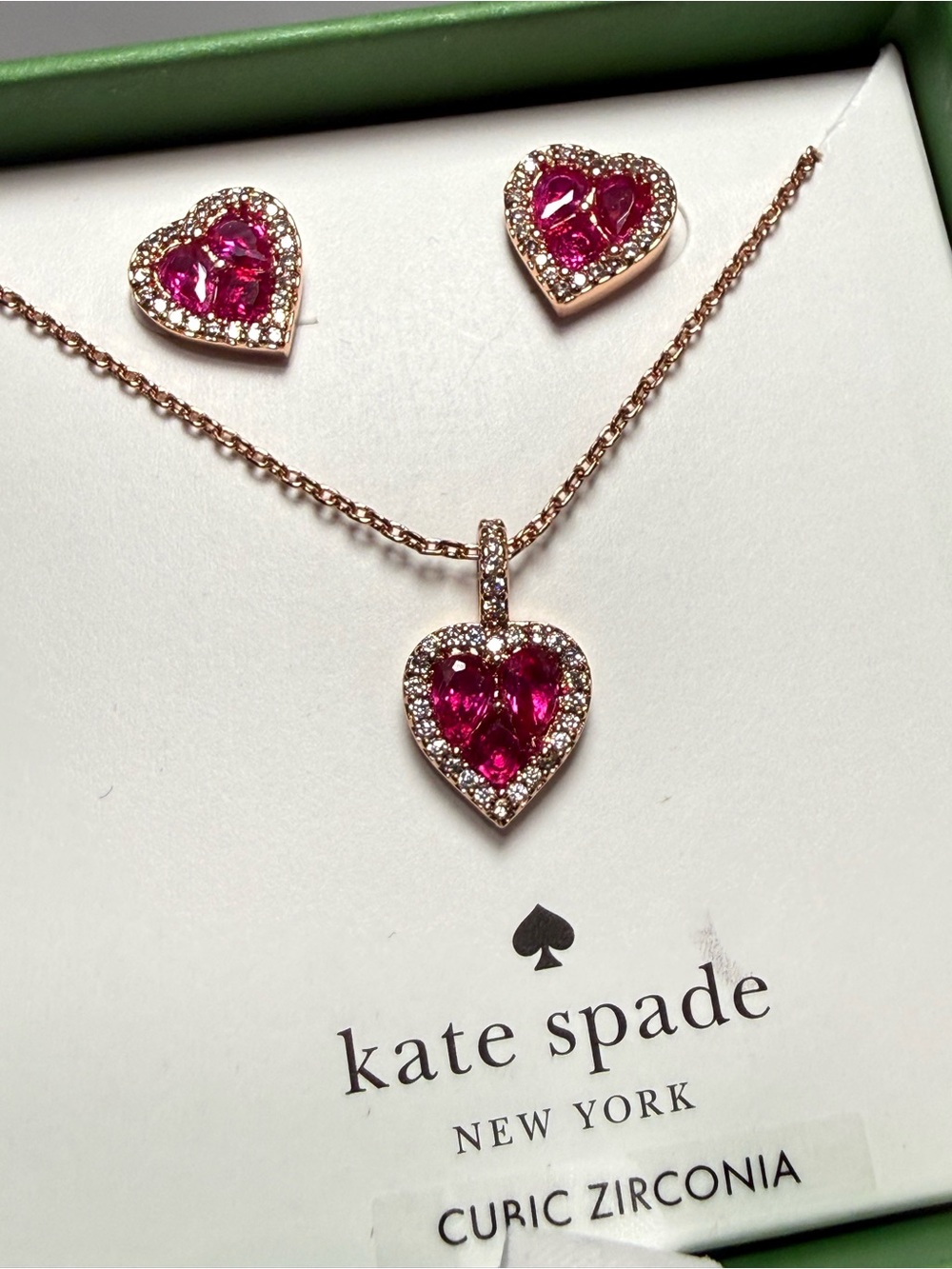 Kate Spade Heart Jewelry Set Pink CZ Necklace & Stud Earrings NIB Rose Gold